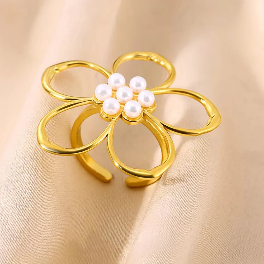 Stainless Steel Flower Big Open Rings For Women Gold Color Imitation Pearl Hollow Out Ring Trendy Aesthetic Jewerly Gifts