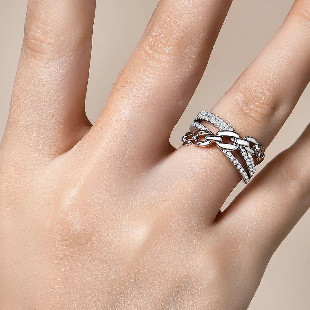 MINTYBOX S925 Full Diamond Moissanite Ring for Women Sterling Silver 18K Gold Plated Engagement Link Rings Fine Jewelry Gift