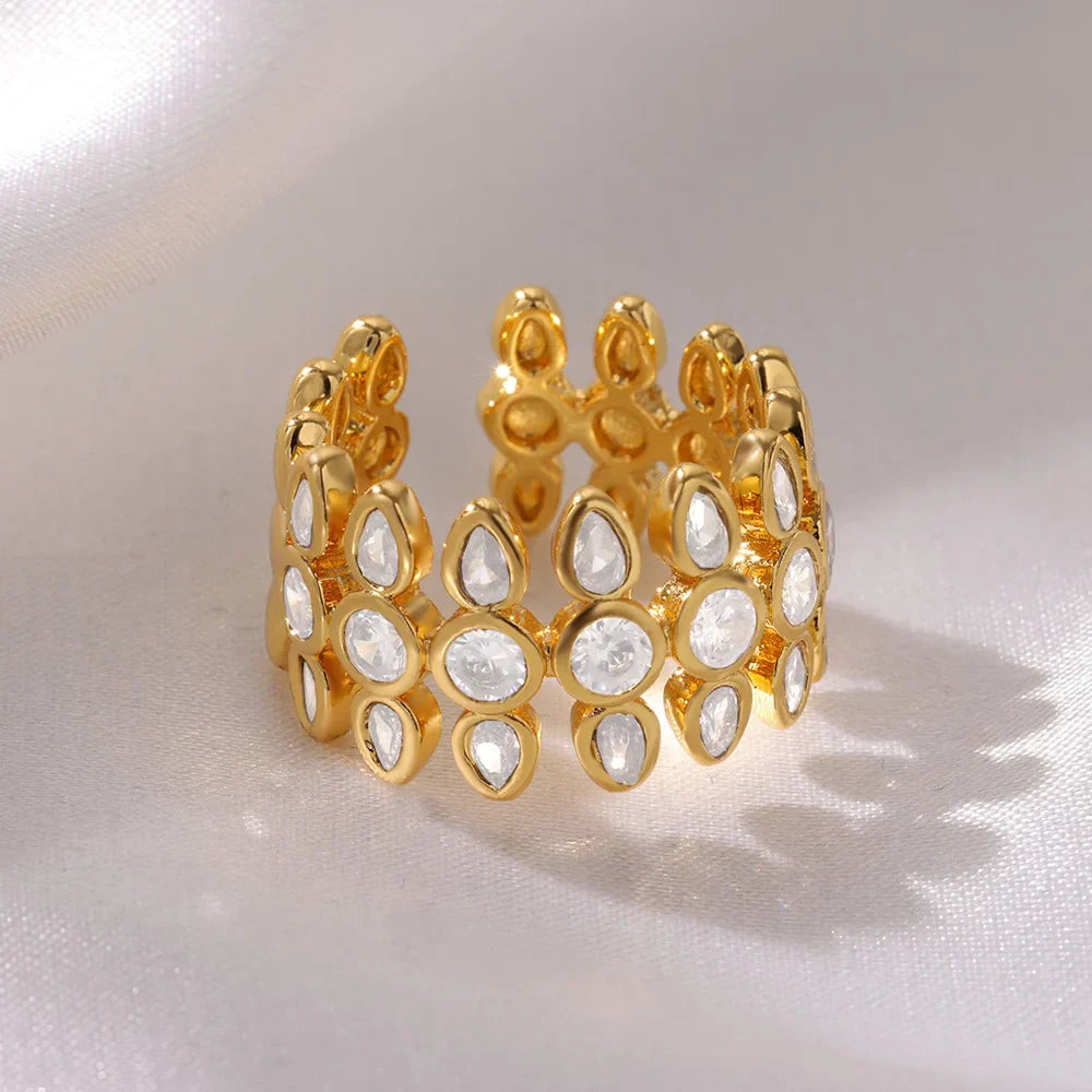 White Zircon Geometric Stainless Steel Rings For Women Gold Color Adjustable Wedding Aesthetic Ring Jewelry Gift Accessories