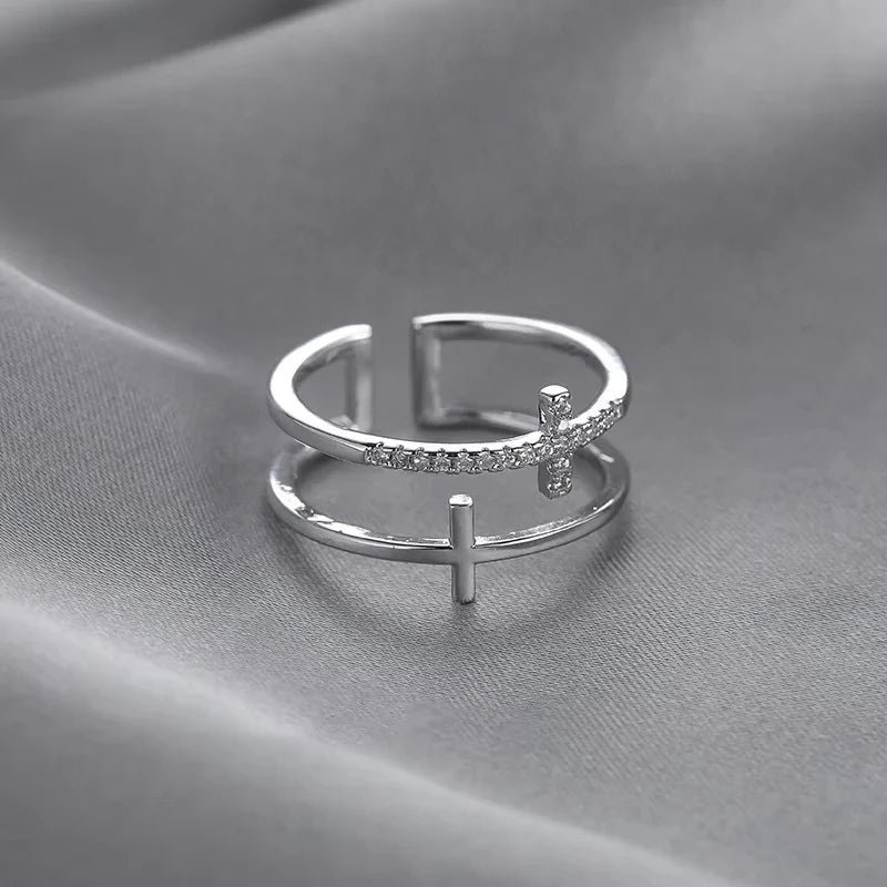 Fashion Double Layer Cross Open Ring For Women Minimalist Gold Silver Color Adjustable Finger Ring Female Party Wedding Jewelry