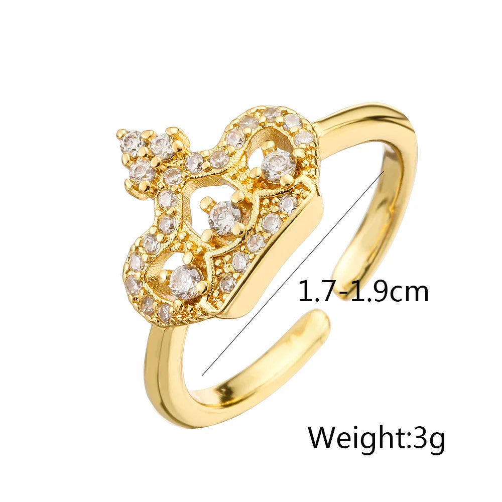 NEWBUY 2025 Trendy Gold Color Crown Charm Finger Rings Open Design Adjustable Shiny CZ Zircon Wedding Jewelry Female