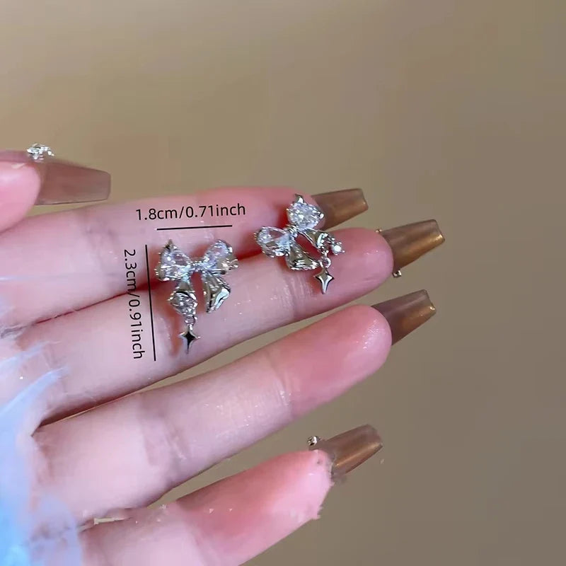 New Y2K Bowknot Zircon Stud Earrings for Women Fashion Korean Silver Color Pink Crystal Personality Earring Party Jewelry Gifts