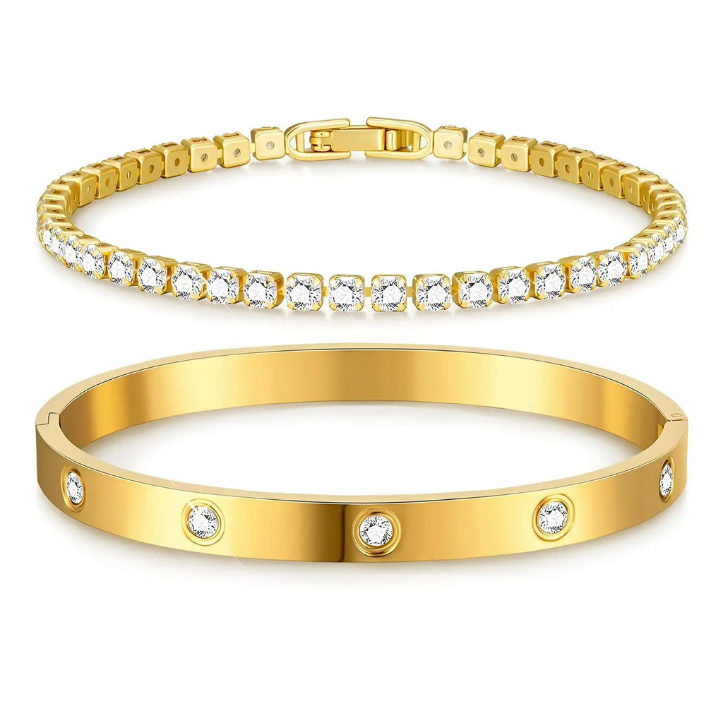 Yupsk 2 Pieces Stainless Steel Zirconia Tennis Bracelet Bangle Set Round Zircon CZ Aesthetic Women Jewelry Set Gift