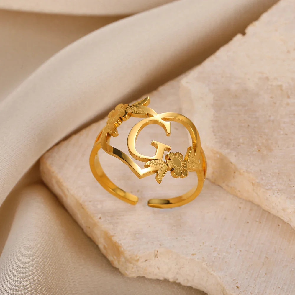 Stainless Steel Initials Letter Heart Rings for Women Girls Gold Color Flower Alphabet Ring Fashion Valentine's Day Jewelry Gift