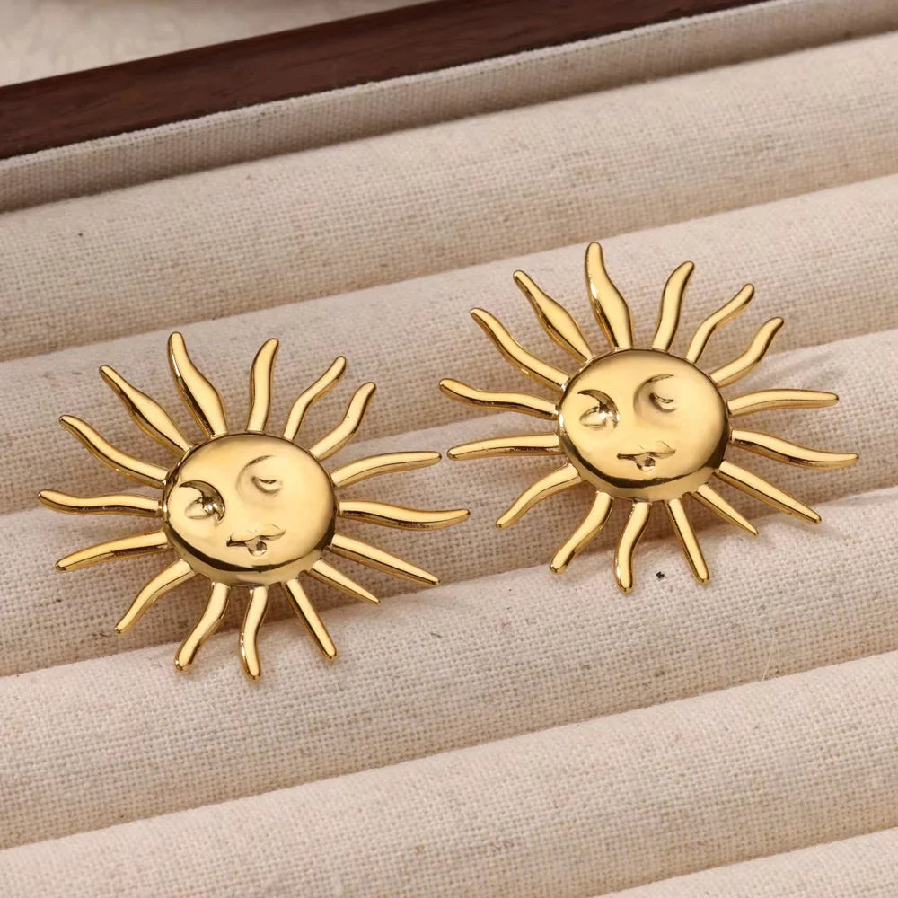 Punk Sun Face Stud Stainless Steel Earrings For Women Gold Color Star Piercing Ear Accessories Femme Gothic Jewelry Party Gift