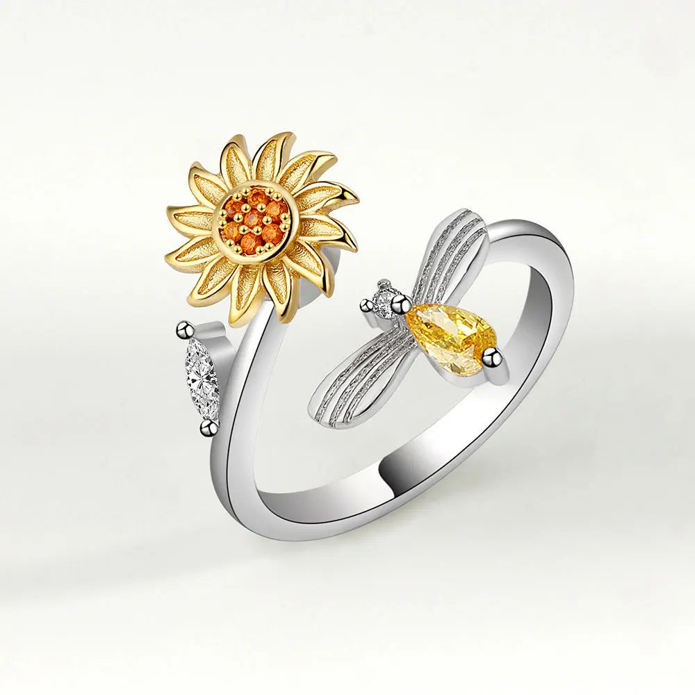 SMJEL Fidget Spinner Ring Anxiety for Women Multiple Crystal Flower Eye Butterfly Animal Ring Rotate Anti Stress Wedding Jewerly