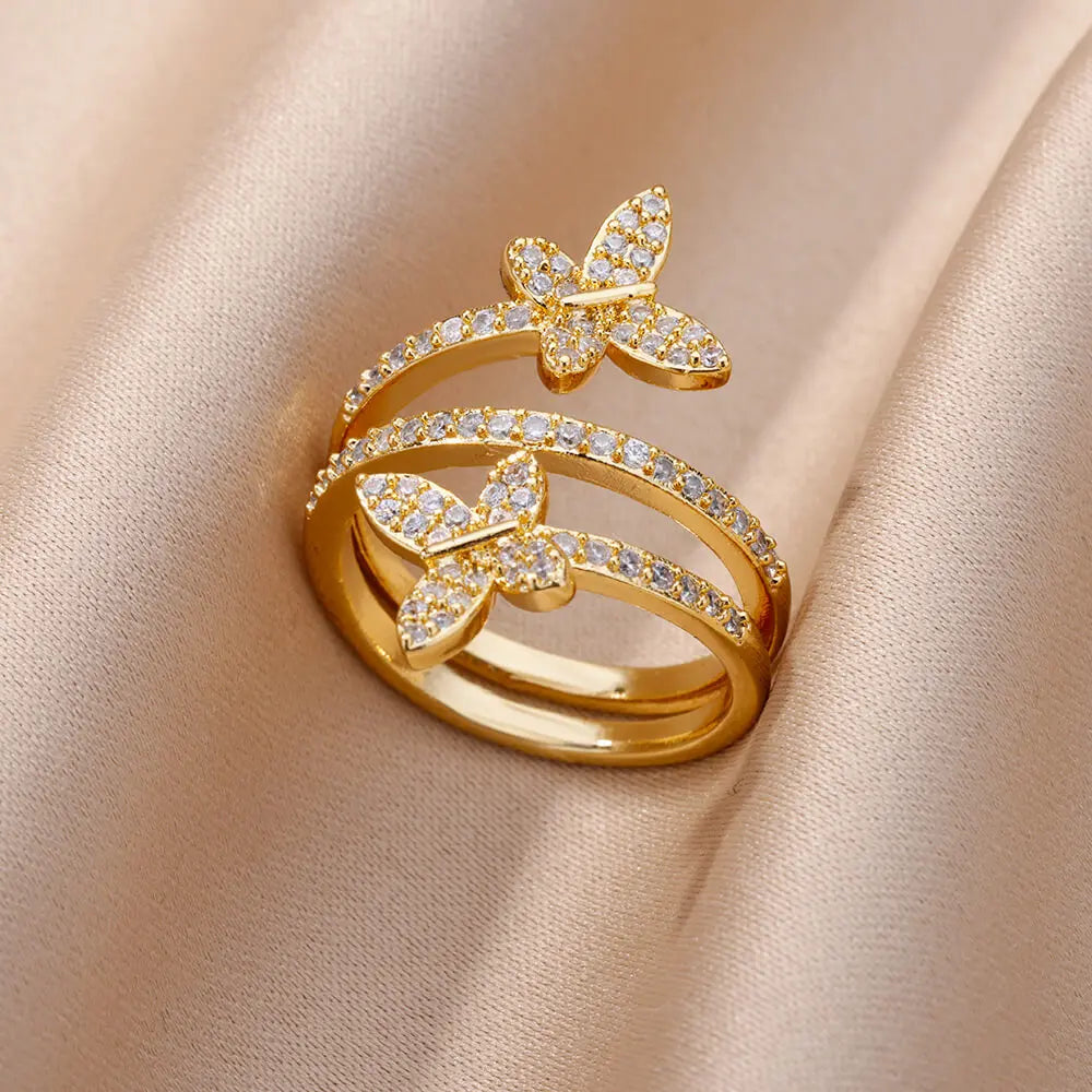 Fashion Luxury Zircon Butterfly Rings for Women Stainless Steel Open Finger Ring Trendy Wedding Party Aesthetic Jewelry Gift