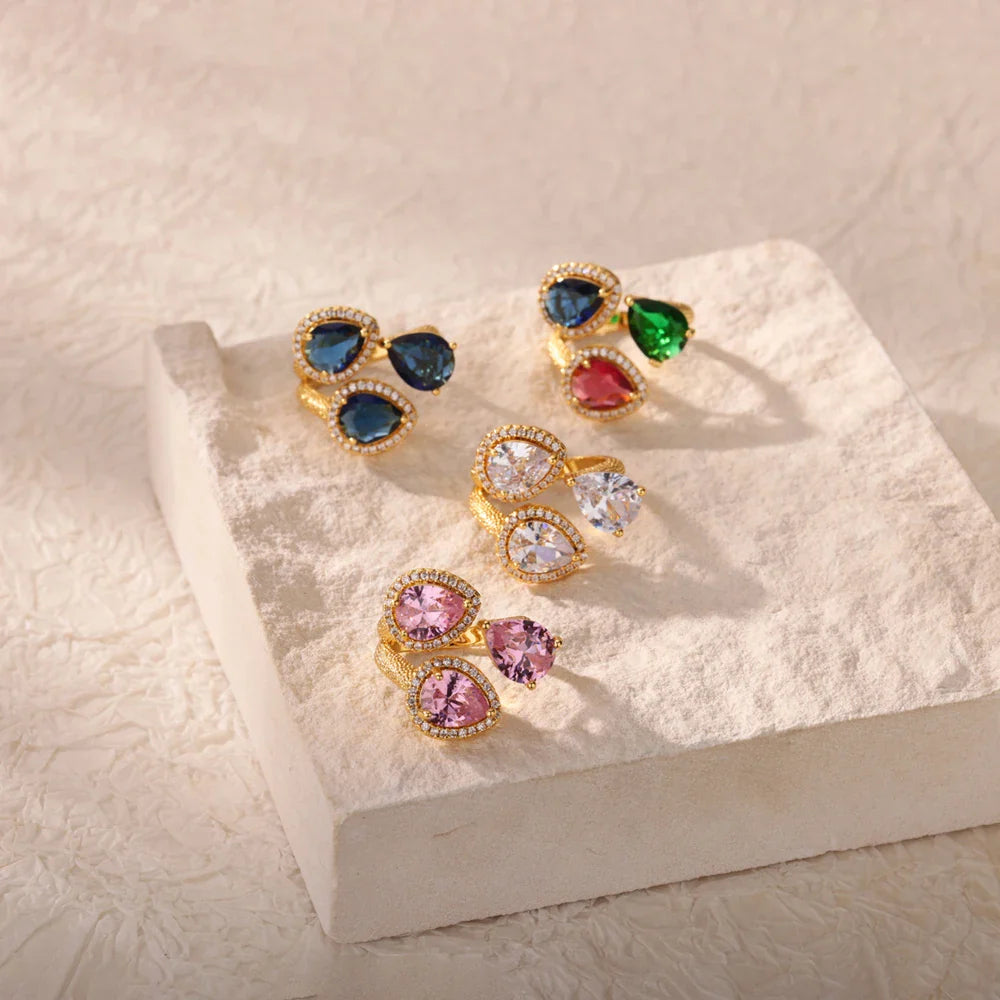 Luxury Colorful Zircon Rings For Women Fashion Gold Color Stainless Steel Open Finger Ring Wedding Party Aesthetic Jewelry Gift