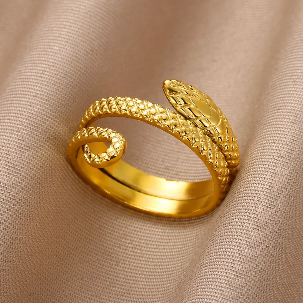 Zircon Snake Rings For Women Men Stainless Steel Gold Color Open Adjustable Ring Vintage Gothic Aesthetic Jewelry anillos mujer