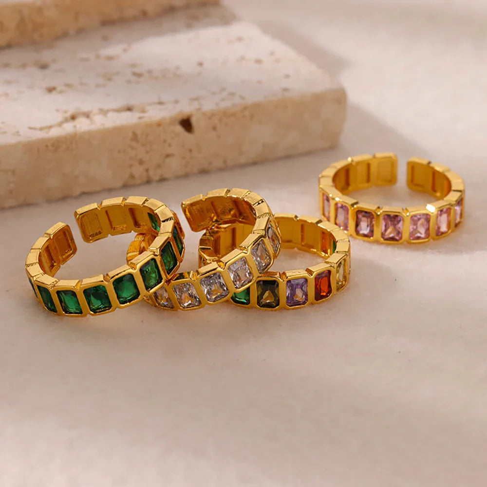Colored Zircon Rings for Women Gold Color Stainless Steel Adjustable Ring 2024 Trend Wedding Engagement Jewelry anillos mujer