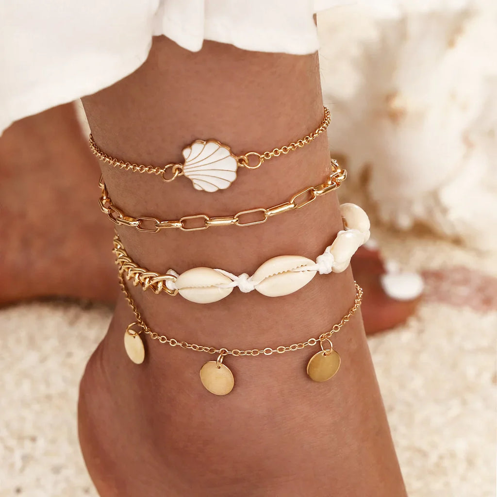 New Summer Shell Anklet Set For Women Sequin Beach Ankle Bracelet Gold Color Leg Chain On Foot Female Bohemian Jewelry