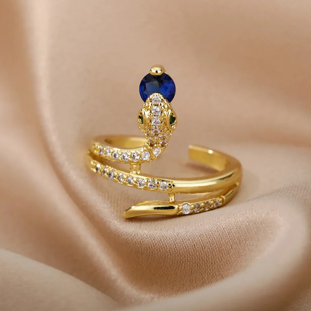 Stainless Steel Snake Rings For Women Men Gold Color Open Adjustable Zircon Ring Vintage Gothic Aesthetic Jewelry anillos mujer