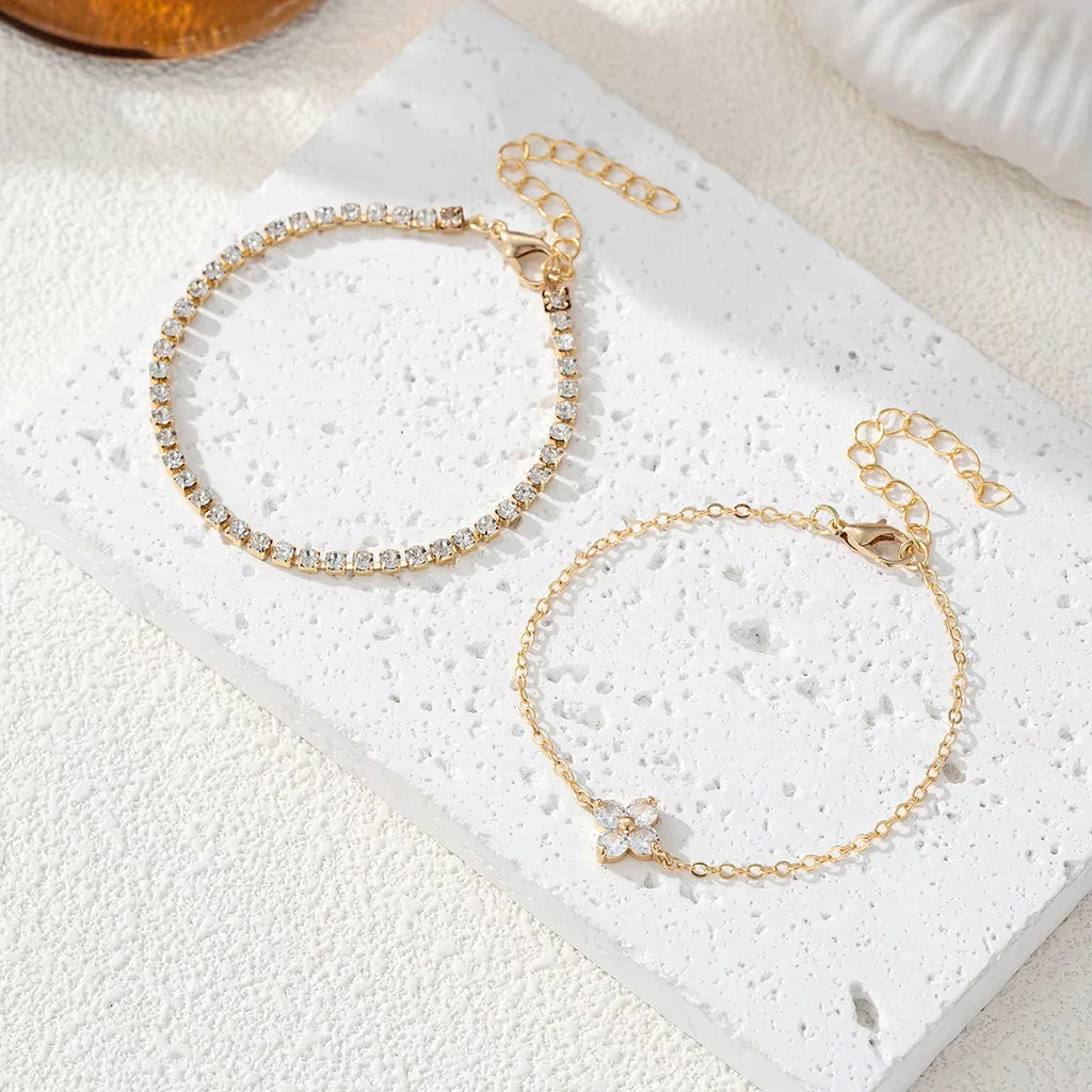 2pcs Simple Cubic Zirconia Flower Water Chain Women's Bracelet Set Daily Minimalist Silver Color Bracelet Party Fashion Jewelry
