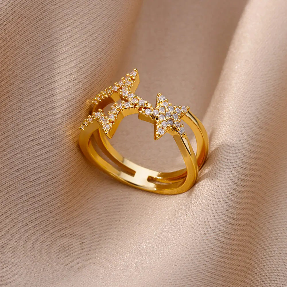 Zircon Chain Cross Rings For Women Vintage Gold Color Stainless Steel Geometric Open Ring Fashion Wedding Aesthetic Jewelry Gift