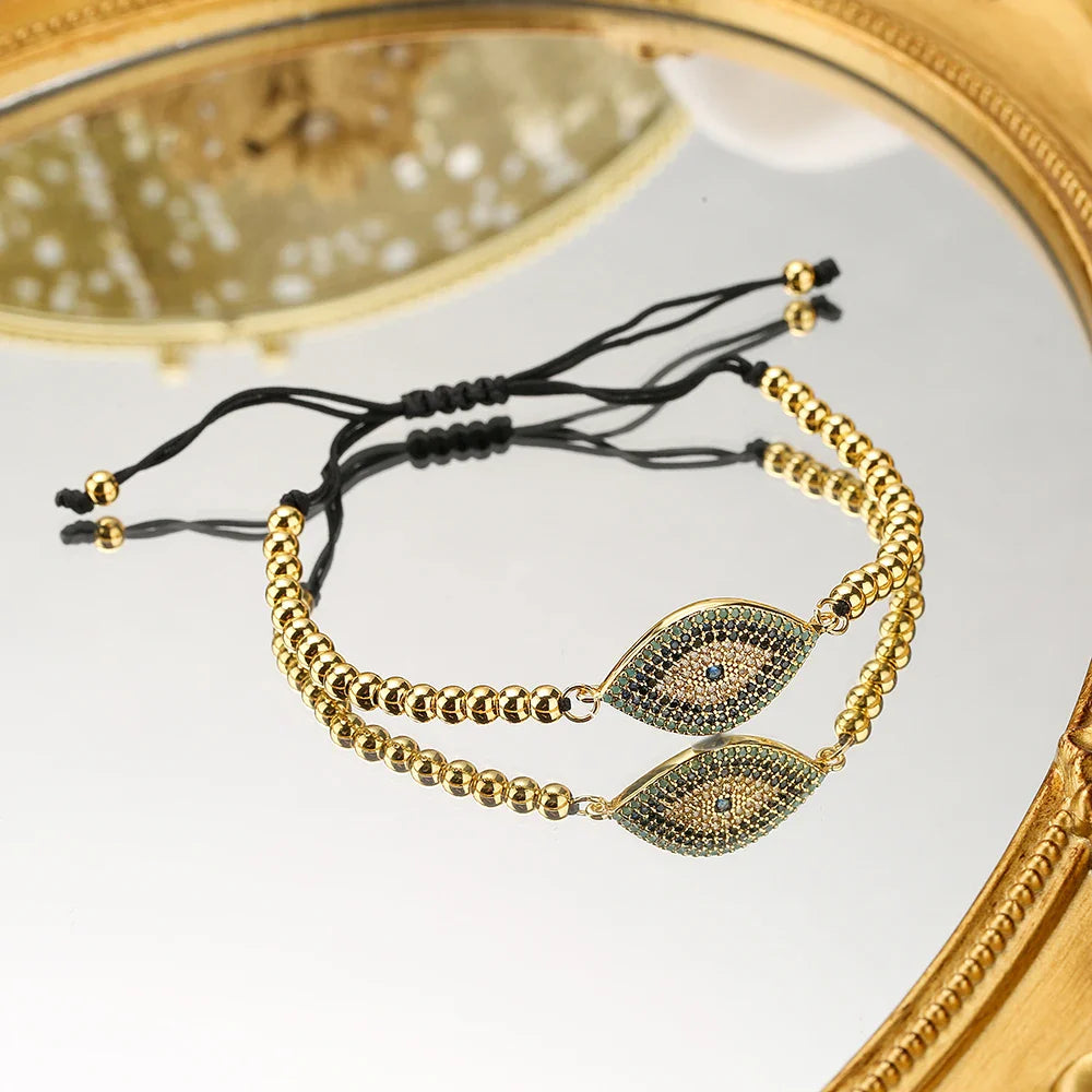NEWBUY 2023 Fashion Hand Made Black Rope Beads Chain Bracelet Adjustable AAA CZ Zircon Evil Eye Charm Bracelets For Women Girl
