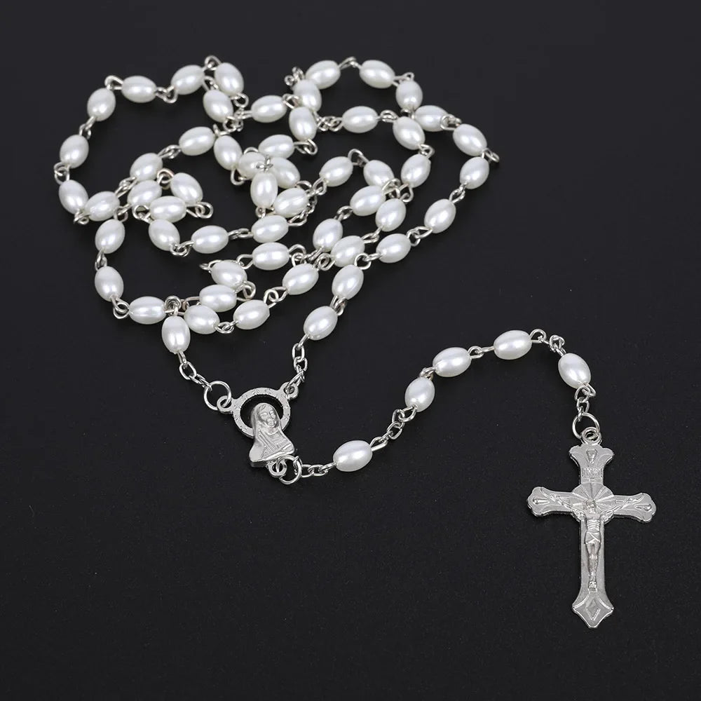 White Oval Pearl Rosary Necklace For Women Catholic Religious Crucifix Cross Pendant Gold Silver Color Chain Men Prayer Jewelry