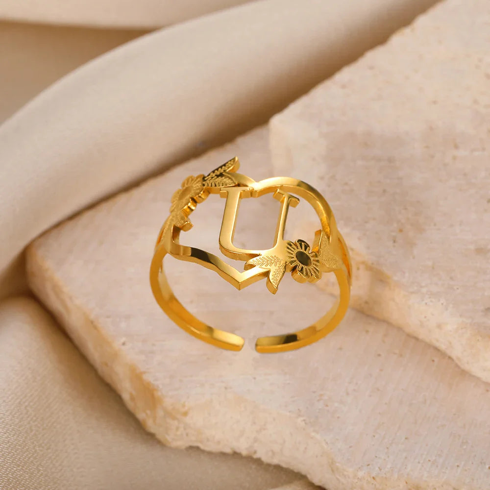 Stainless Steel Initials Letter Heart Rings for Women Girls Gold Color Flower Alphabet Ring Fashion Valentine's Day Jewelry Gift