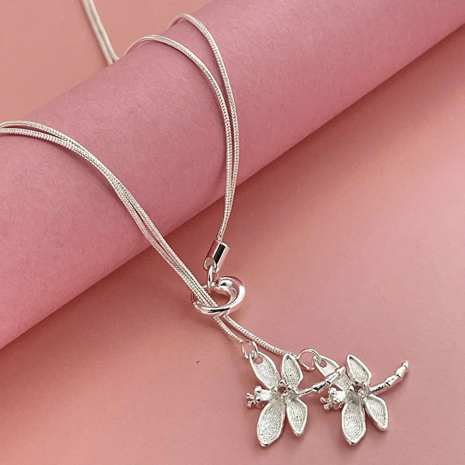 925 Sterling Silver Two Dragonfly Pendant Necklace For Women Snake Chain Necklace Wedding Engagement Jewelry