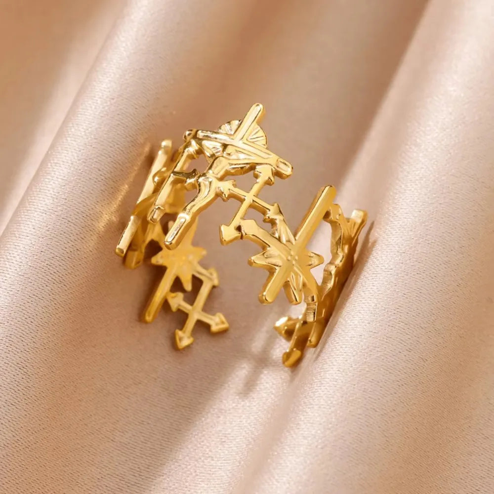 Stainless Steel Cross Rings for Women Vintage Gold Color Opening Cross Finger Ring Party Wedding Jewelry Gift anillos mujer
