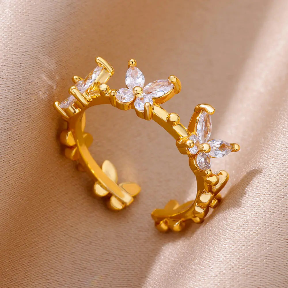 Fashion Luxury Zircon Butterfly Rings for Women Stainless Steel Open Finger Ring Trendy Wedding Party Aesthetic Jewelry Gift