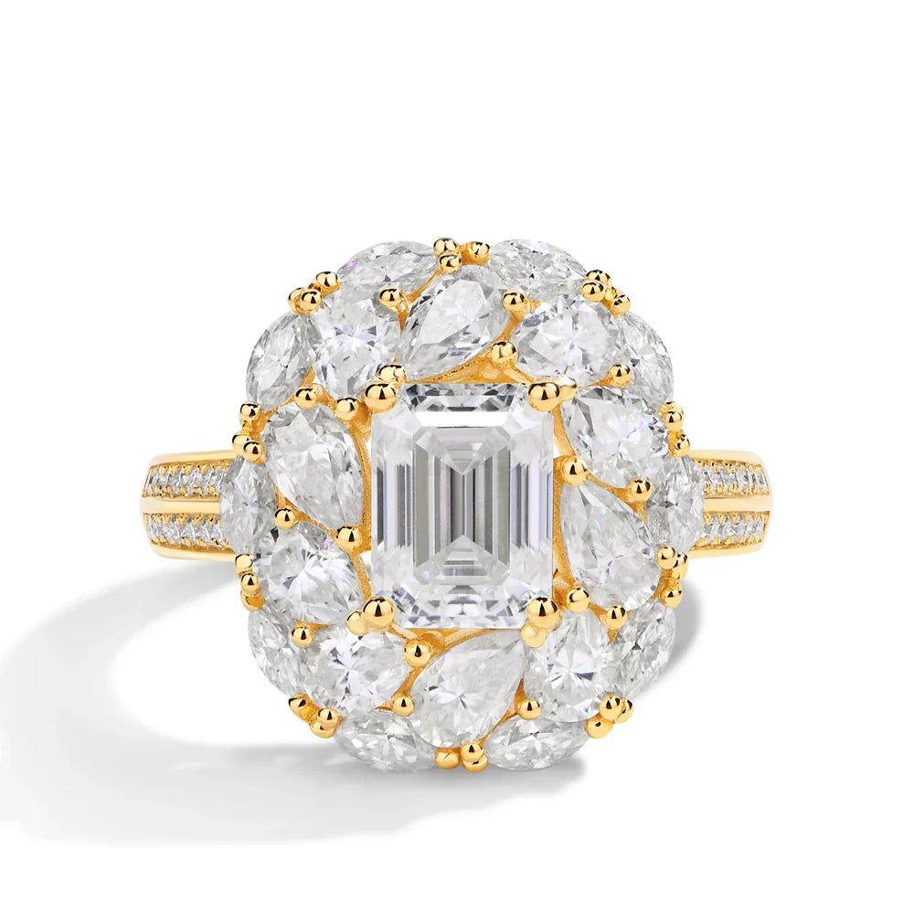 MINTYBOX 2.0ct Flower Design Halo Emerald Cut Engagement Ring Lab Diamond S925 Silver Moissanite Rings For Women 18K Gold Plated