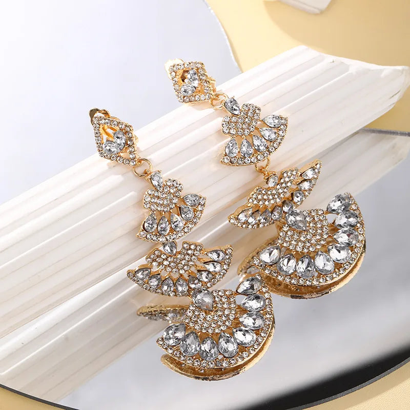 Vintage White Crystal Drop Earrings for Women Oversize Long Sector Geometric Dangle Earrings Statement Jewelry