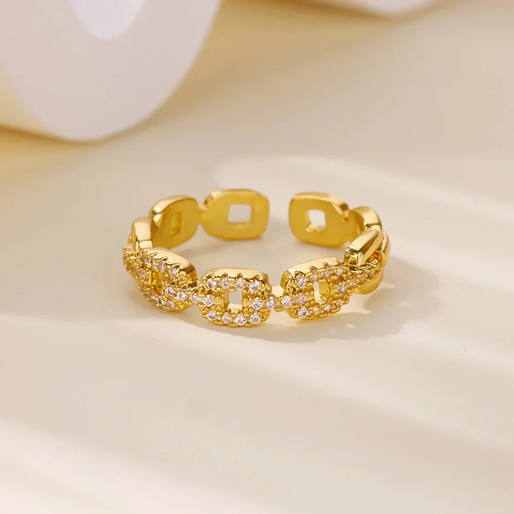Zircon Chain Cross Rings For Women Vintage Gold Color Stainless Steel Geometric Open Ring Fashion Wedding Aesthetic Jewelry Gift