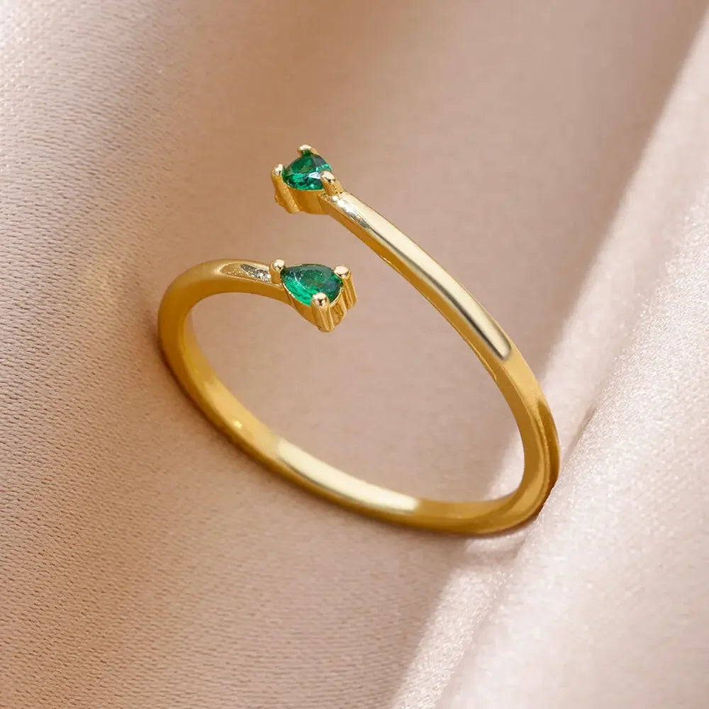 Gold Color Stainless Steel Ring for Women Colorful Cubic Zircon Heart Opening Adjustable Ring Fashion Jewelry Wedding Gift