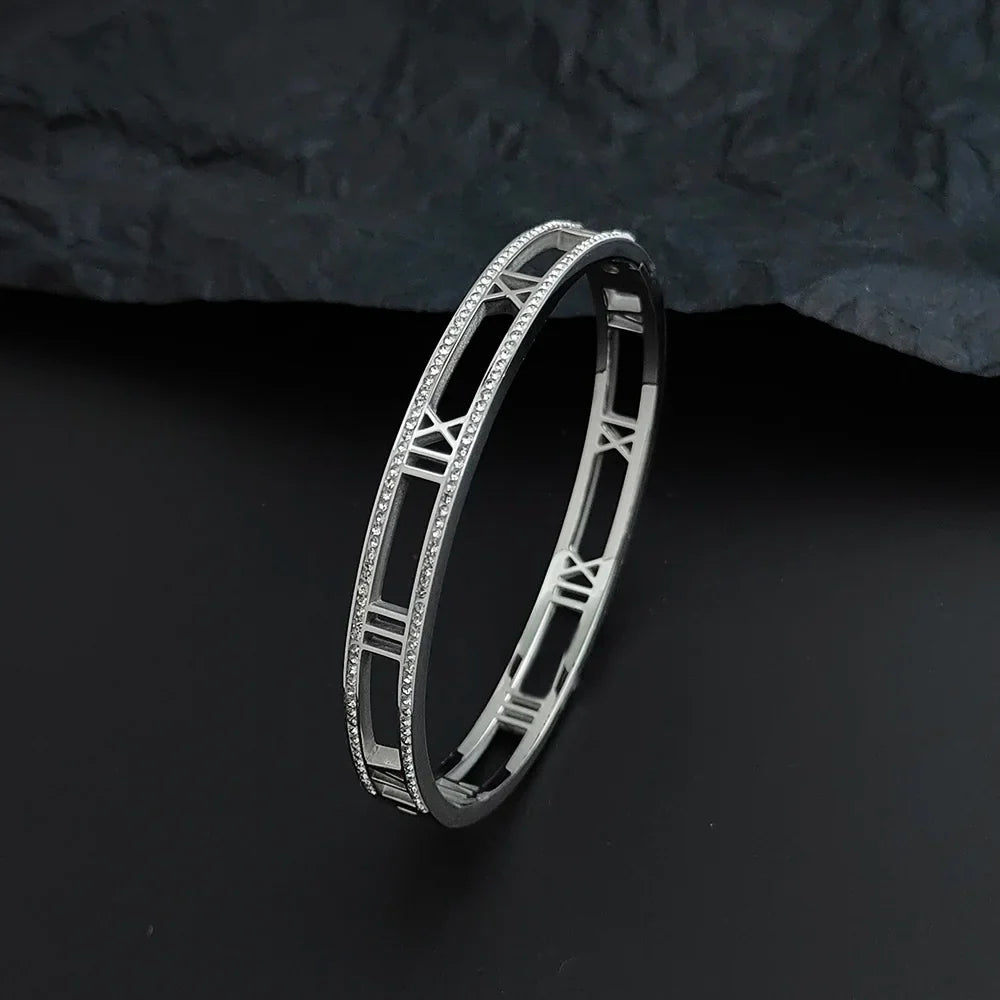 Luxury Crystal Hollow Roman Numeral Bracelets For Women Men Stainless Steel Unisex Bangle Fashion Classic Jewelry Accessories