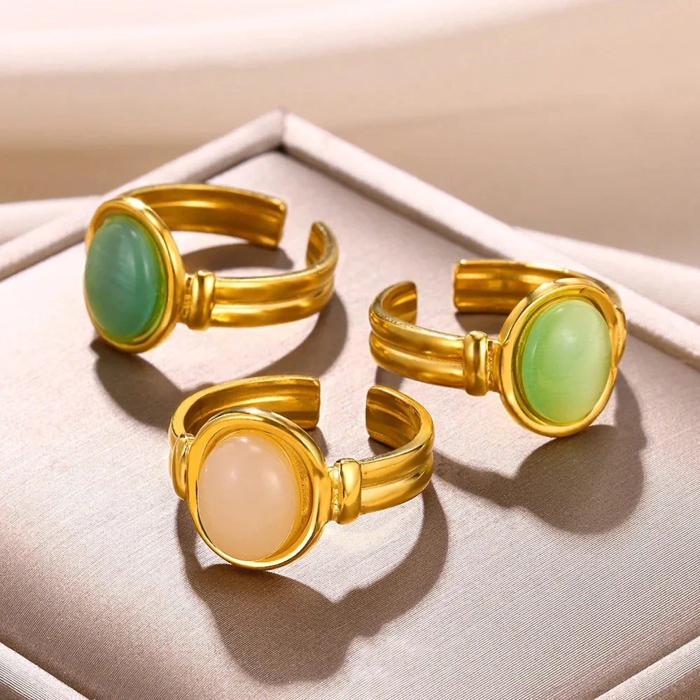 Vintage Oval Opal Rings For Women Gold Color Stainless Steel Adjustable Natural Stone Adjustable Ring Aesthetic Weeding Jewelry