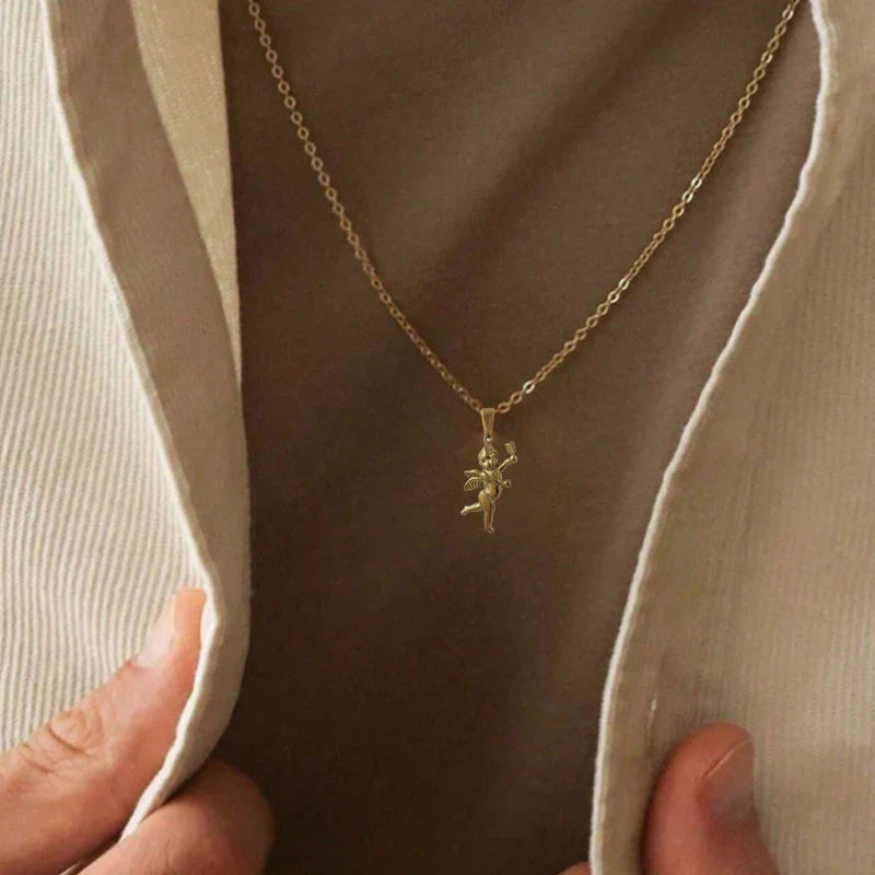 Vintage Stainless Steel Cupid Charm Pendant Necklace Waterproof 18K Gold Plated Necklace Unisex Jewelry Gift