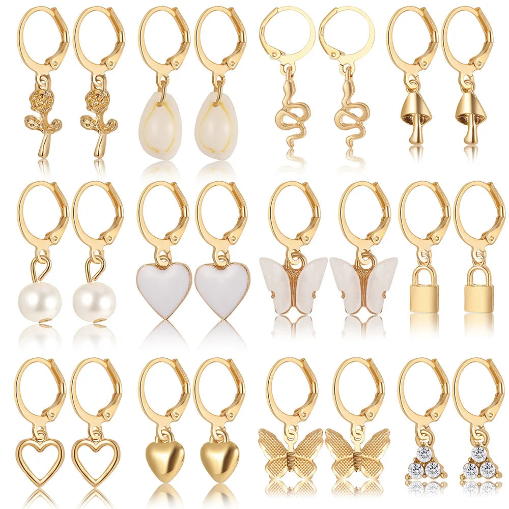 24 Pcs European and American Boho Big Circle Hoop Earring Set for Women Gold Color Vintage Pearl Earring Heart Zircon Jewelry