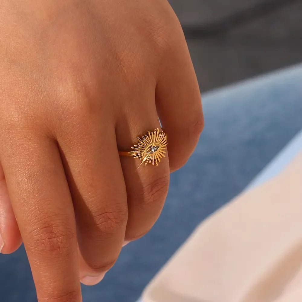Stainless Steel Tiny Zircon Rings For Women Exquisite Gold Color Sun Double-Layer Ring Punk Hip-Hop Accessory Bague Jewelry Gift
