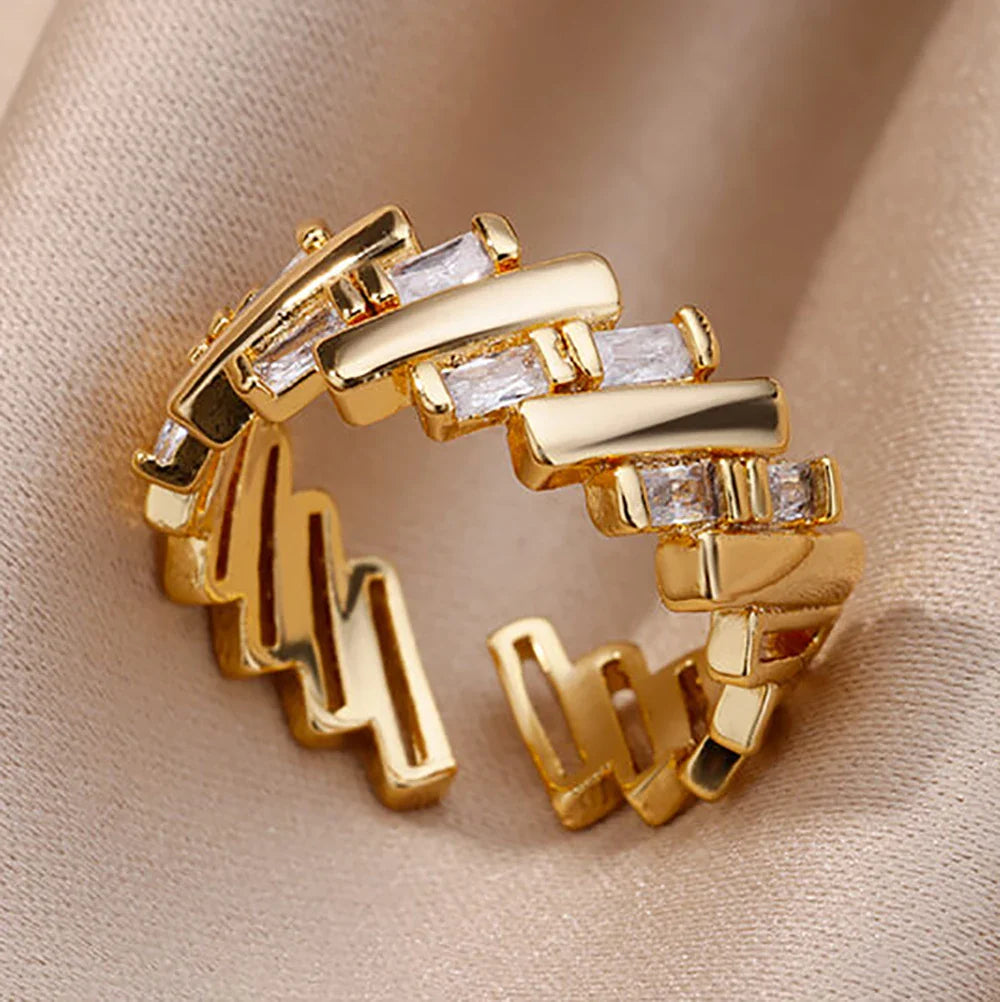Zircon Chain Cross Rings For Women Vintage Gold Color Stainless Steel Geometric Open Ring Fashion Wedding Aesthetic Jewelry Gift