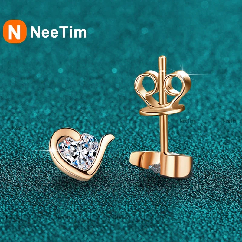 NeeTim Moissanite Heart Stud Earrings for Women 925 Sterling Silver with White Champagne Gold Plated Wedding Earring Certified