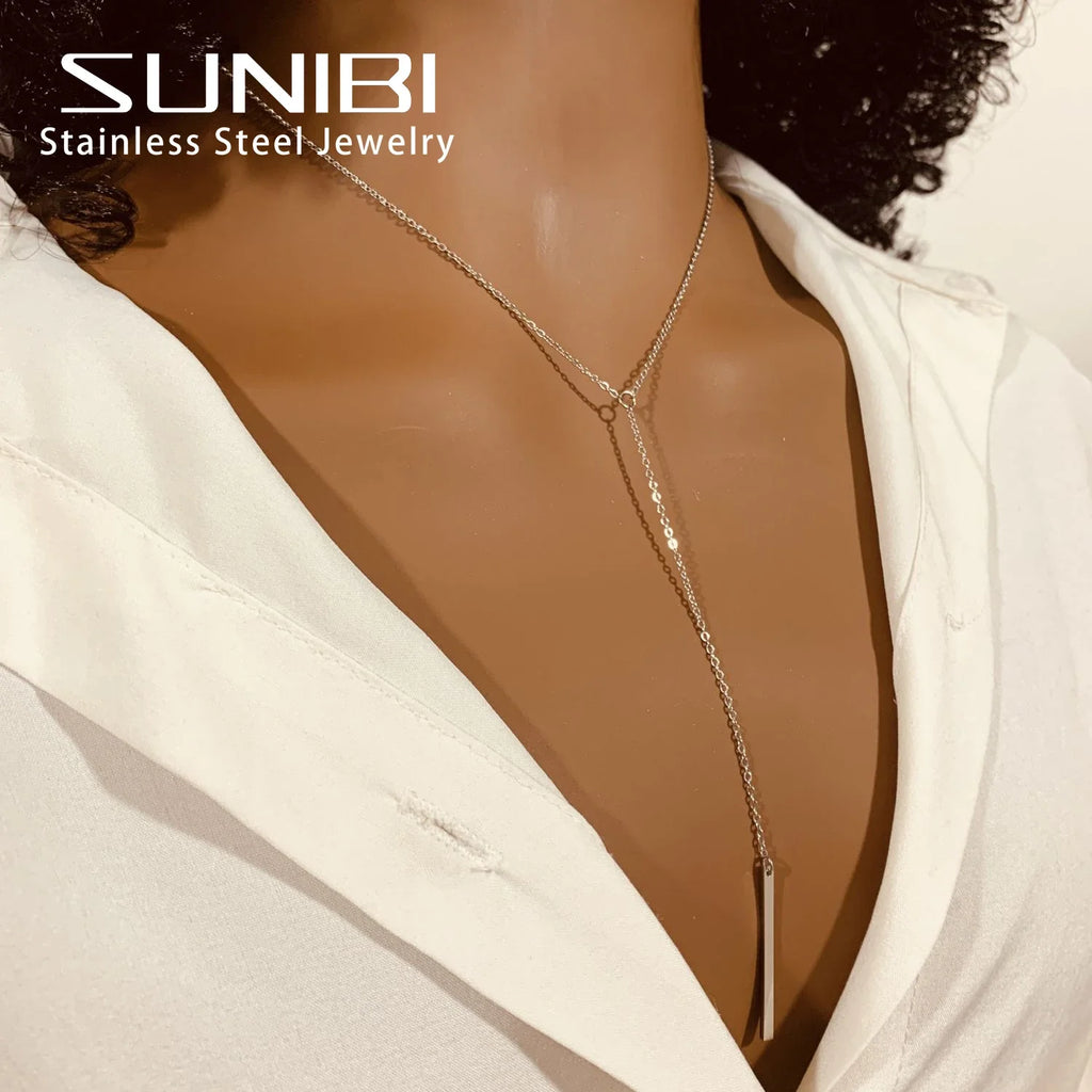 SUNIBI Vertical Bar Pendant Necklaces Stainless Steel Simple Long Lariat Chain Minimalist Dangle Necklace for Women Jewelry Gift