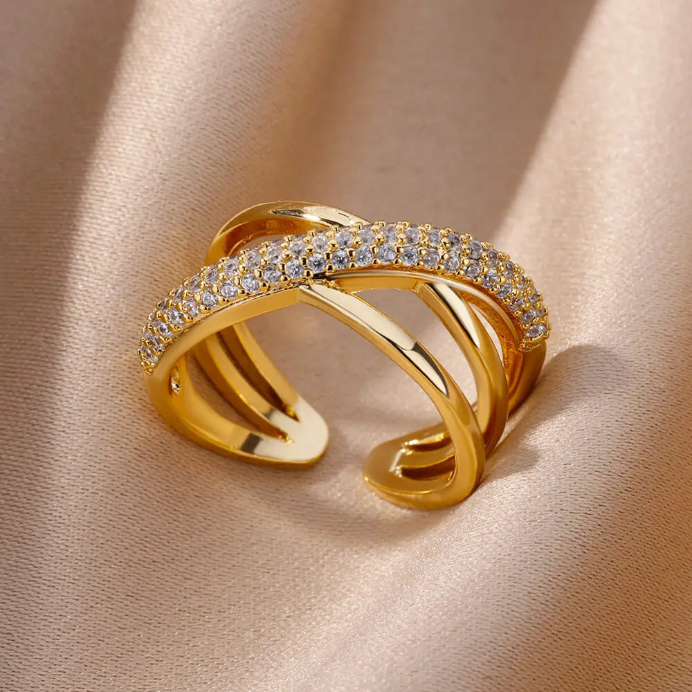 Gold Color Cubic Zircon Rings For Women Open Stainless Steel Green Luxury Crystal Finger Ring Boho Jewelry Wedding Party Gift