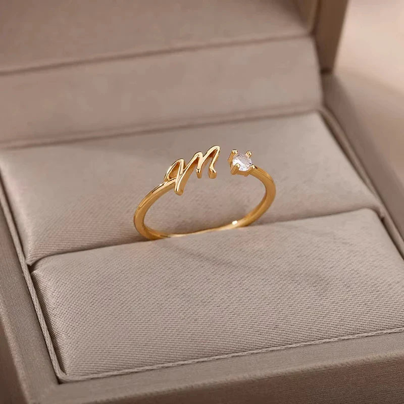 A-Z Initial Letter Open Rings for Women Stainless Steel Gold Color Zircon Adjustable Ring Trendy Couple Wedding Jewelry Gift