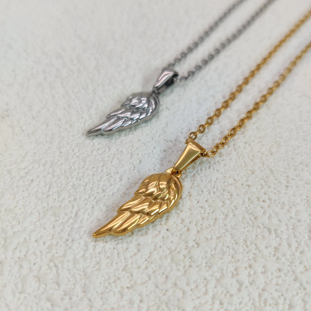 18K Gold Plated Angel Wing Pendant Necklace - Vintage Feather Design for Men, Stainless Steel Chain Jewelry Gift