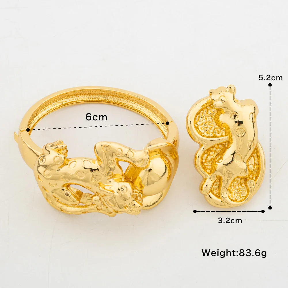 Trend Bangle with Ring Set for Party 18k Gold Color New Design Hand Bracelet Cocktail Ring Weddings Bride Set Ladies Jewellery