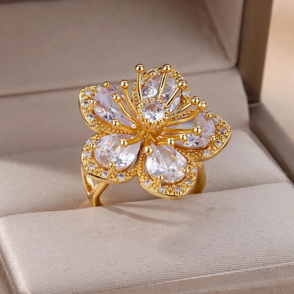 Stainless Steel Flower Big Open Rings For Women Gold Color Imitation Pearl Hollow Out Ring Trendy Aesthetic Jewerly Gifts