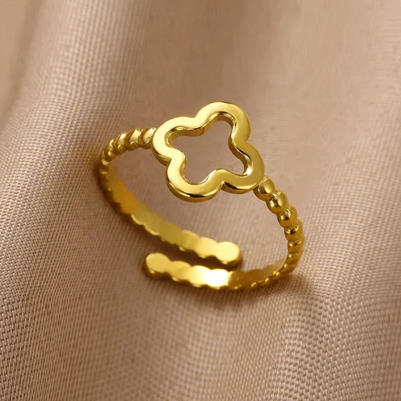 Stainless Steel Flower Rings for Women Gold Color Shell Starfish Multi Layer Hollow Out Ring Fashion Charm Jewelry Wedding Gifts