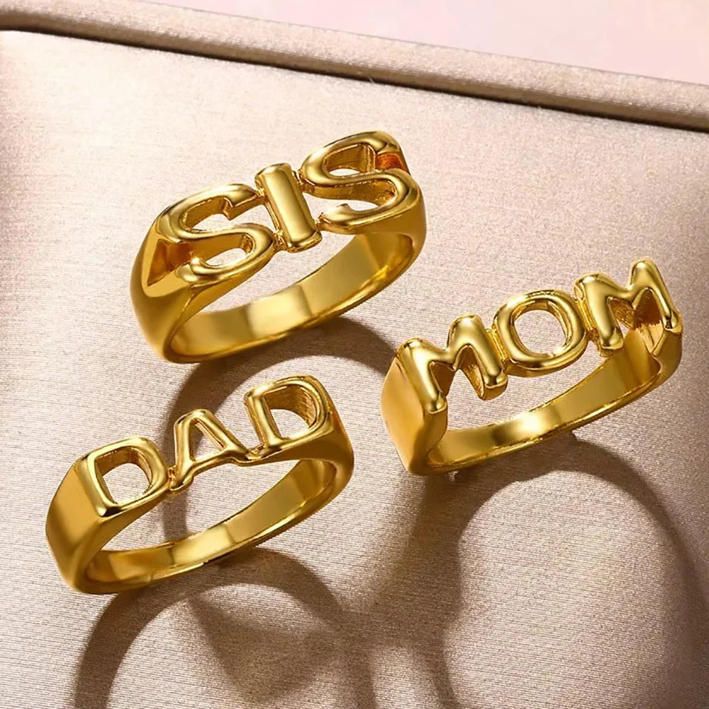 MOM SIS DAD Letters Rings for Women Men Vintage Gold Color Finger Ring Fashion Jewelry Family Christmas Gifts