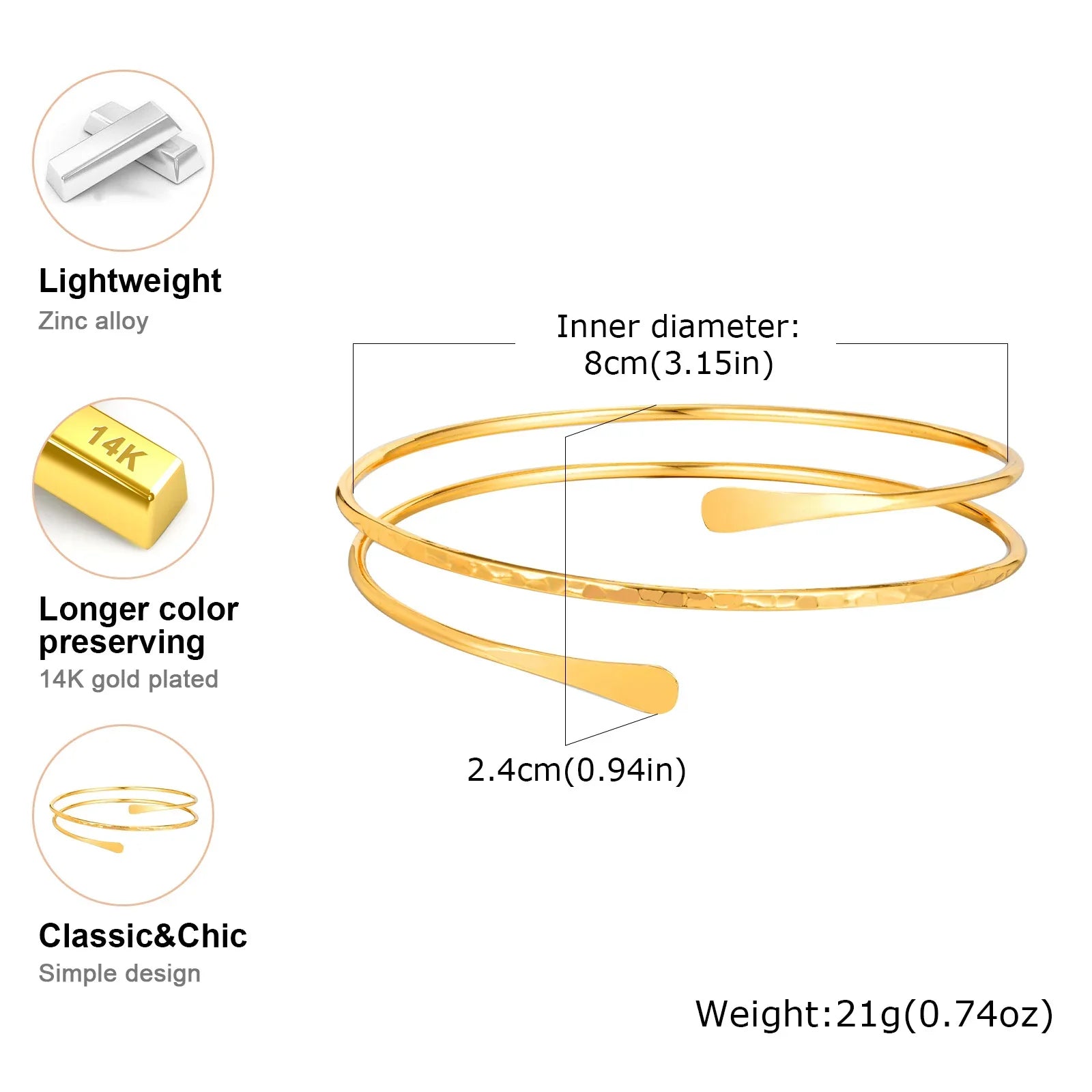 Upper Arm Cuff Bracelet for Women, Minimalist Gold Plated Armband Statement Party Armlets Jewelry