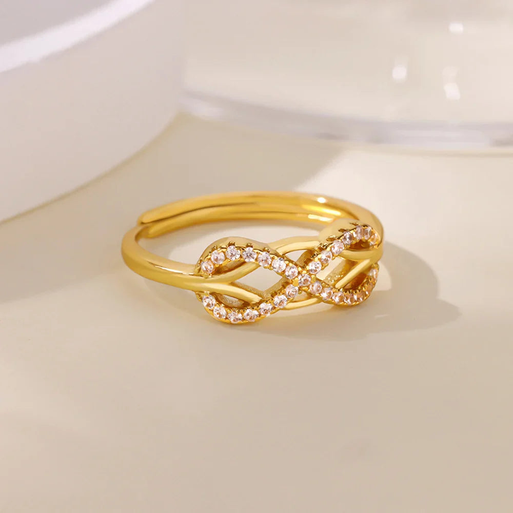 Zircon Chain Cross Rings For Women Vintage Gold Color Stainless Steel Geometric Open Ring Fashion Wedding Aesthetic Jewelry Gift