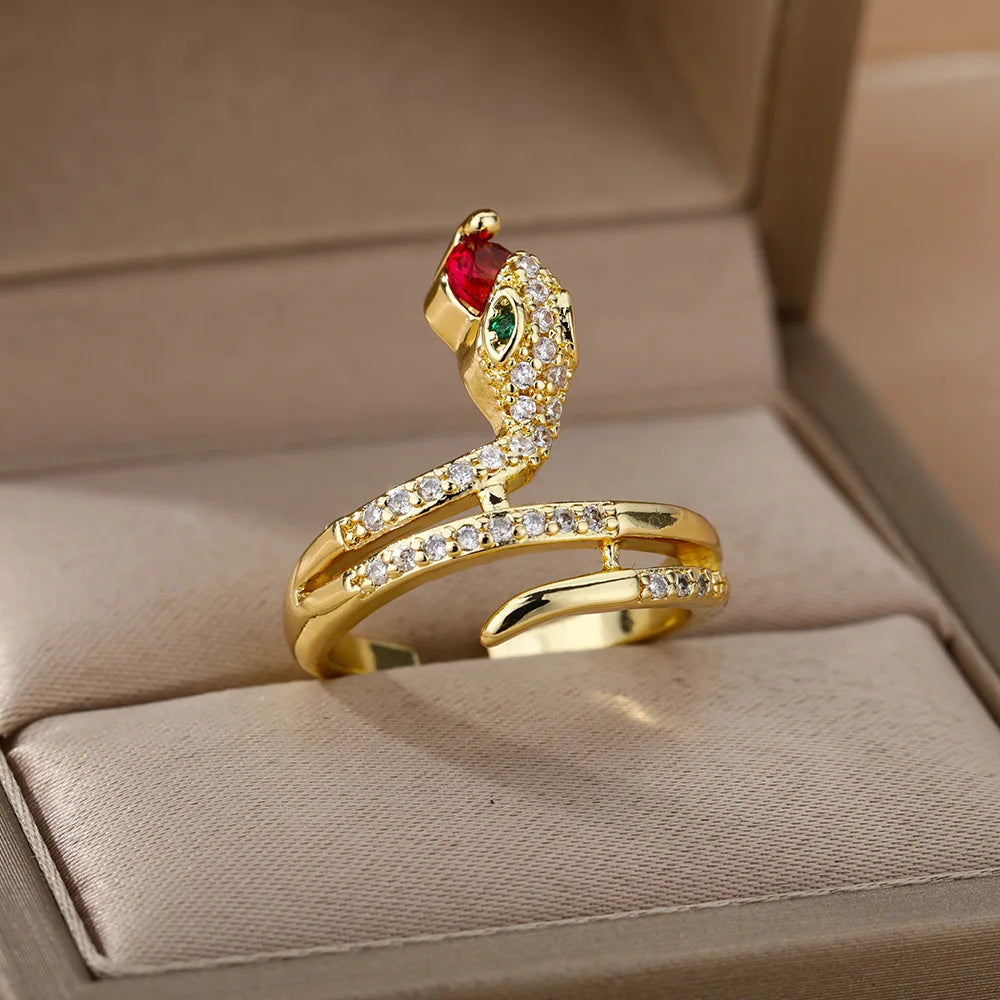 Stainless Steel Snake Rings For Women Men Gold Color Open Adjustable Zircon Ring Vintage Gothic Aesthetic Jewelry anillos mujer