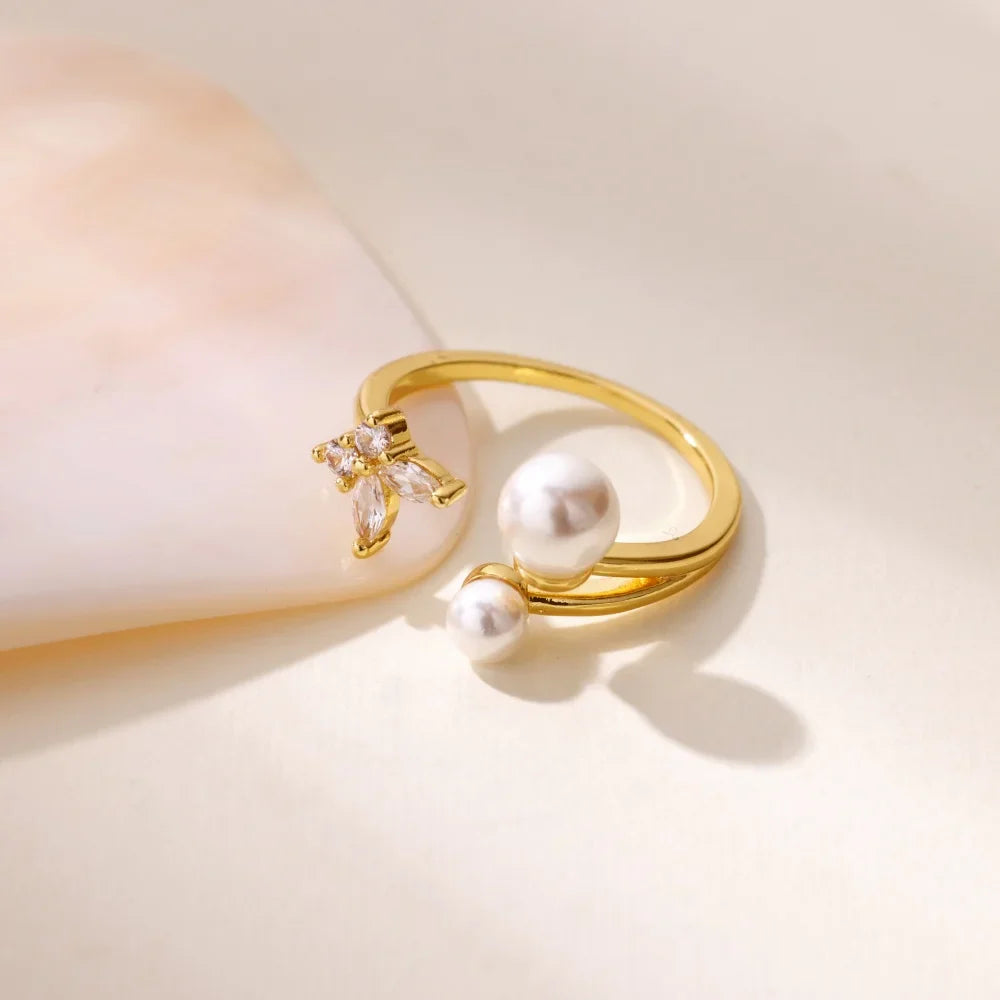 Zircon Butterfly Imitation Pearl Ring For Women Stainless Steel Gold Color Ring 2025 New Fashion Wedding Couple Jewelry Gifts
