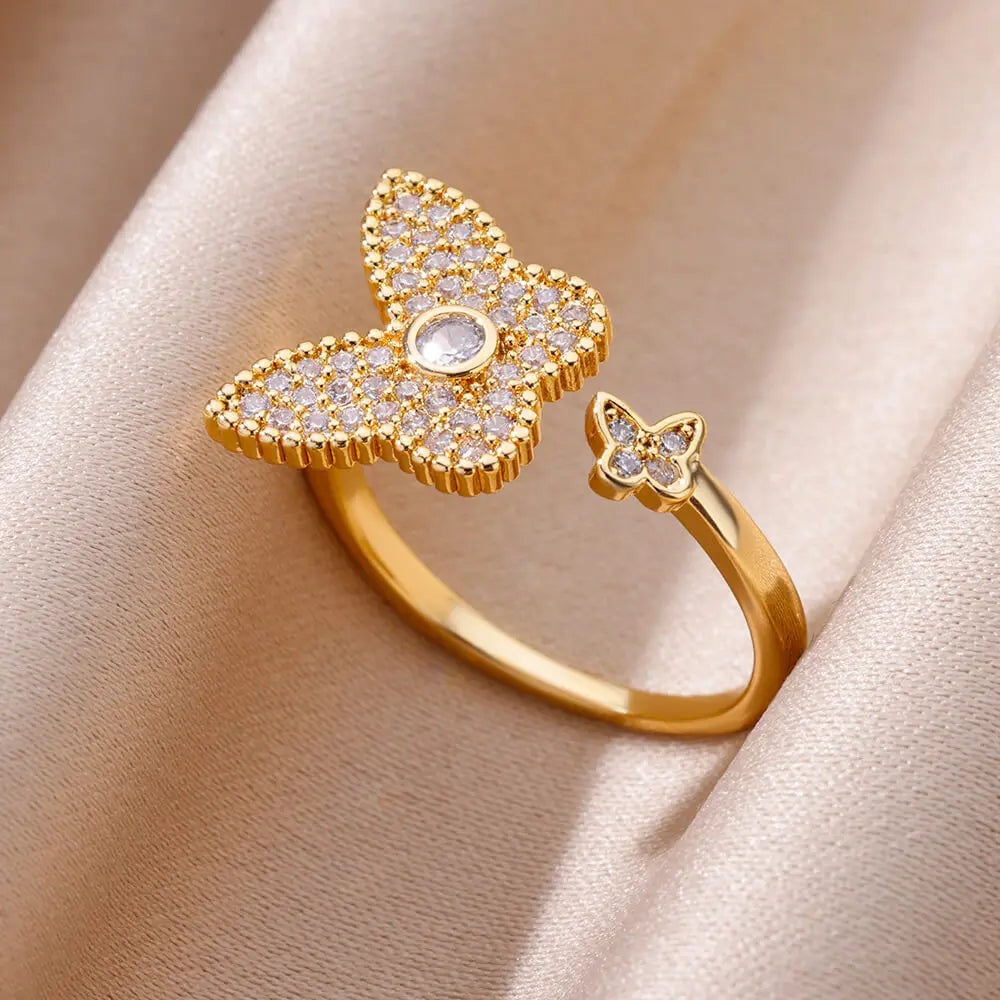 Fashion Luxury Zircon Butterfly Rings for Women Stainless Steel Open Finger Ring Trendy Wedding Party Aesthetic Jewelry Gift