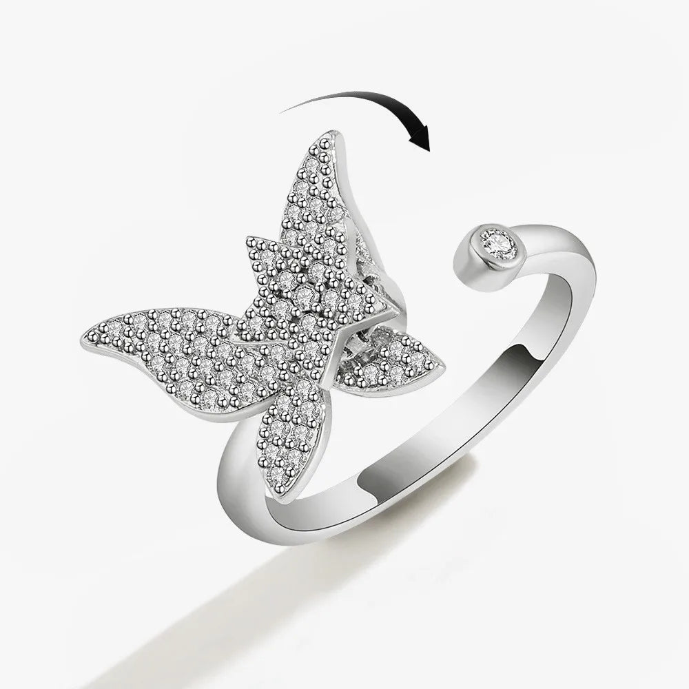 SMJEL Fidget Spinner Ring Anxiety for Women Multiple Crystal Flower Eye Butterfly Animal Ring Rotate Anti Stress Wedding Jewerly