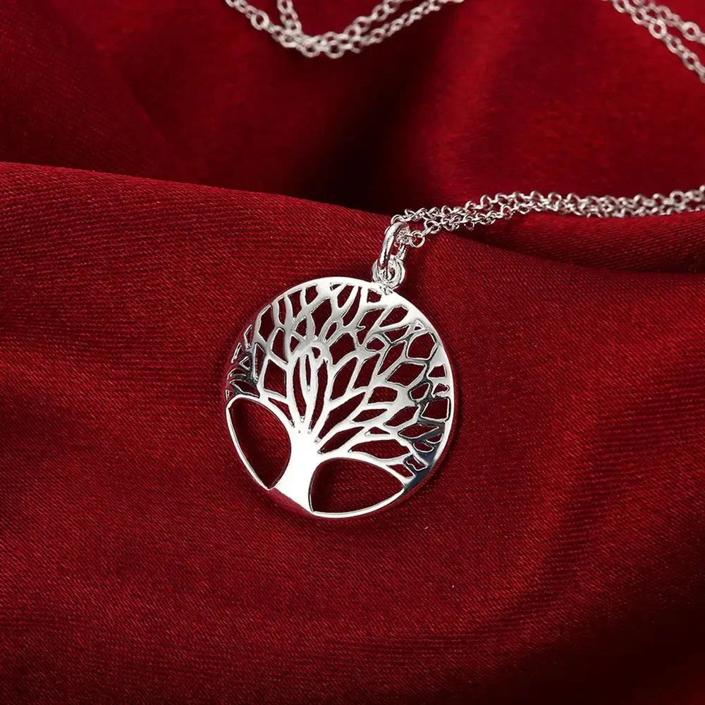 925 Sterling Silver Fine Retro Round Tree Pendant Necklace Earrings Sets For Woman Fashion Party Wedding Jewelry Set Gifts